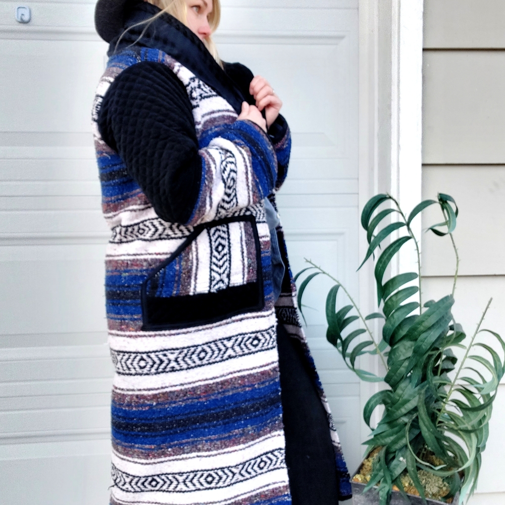 Handmade Mexican Blanket Jacket Striped Blue and Black Trench Coat